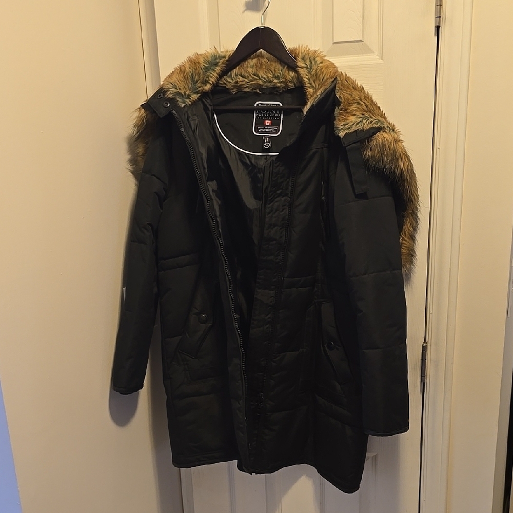 Women's Black Parka Coat with Faux Fur Trim - Point Zero, Size Large